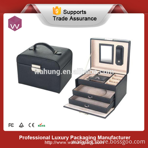Black leather portable jewellery box with drawers (WH-0991)